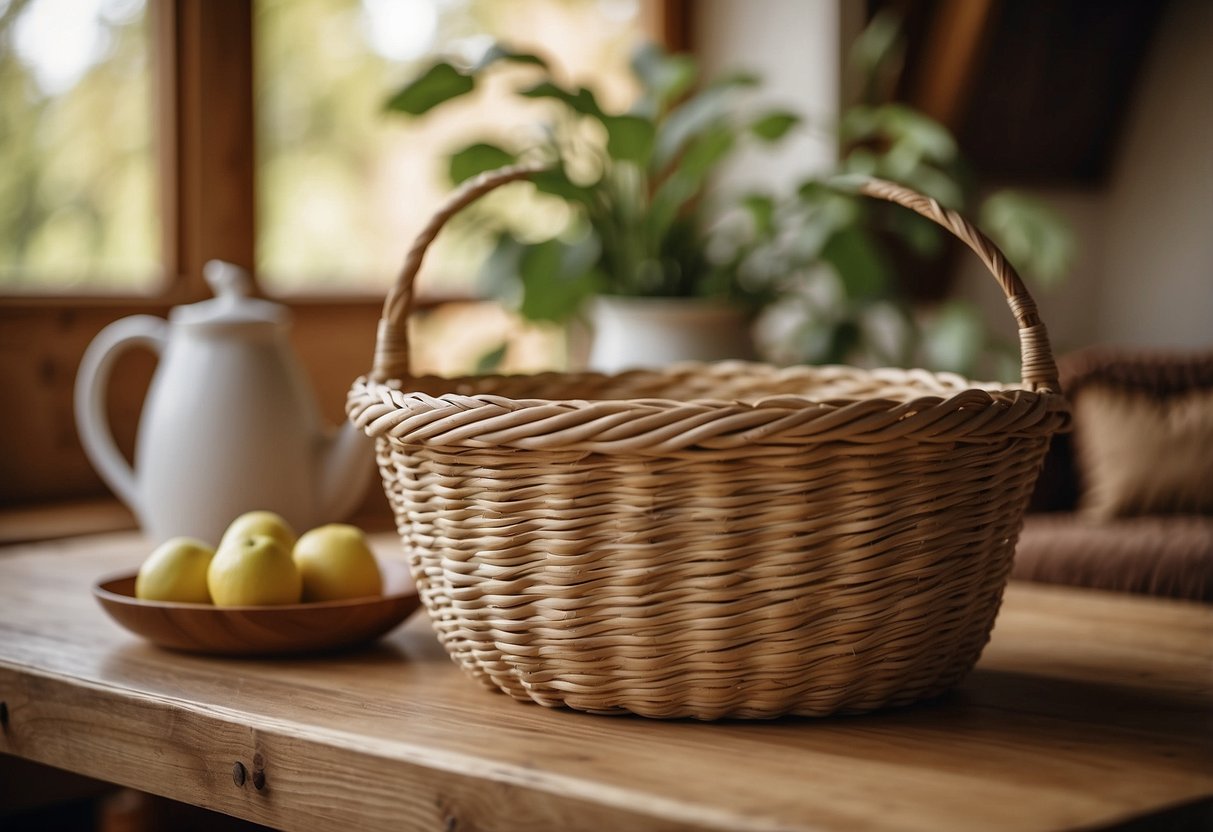 A handcrafted woven basket sits on a wooden table in a cozy farmhouse living room, surrounded by rustic decor and soft, natural lighting