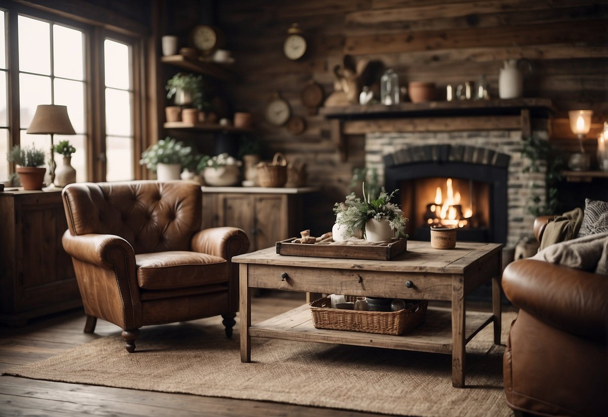 A cozy farmhouse living room with vintage decor: a distressed wooden coffee table, a rustic fireplace, a worn leather armchair, and a collection of antique knick-knacks on the shelves