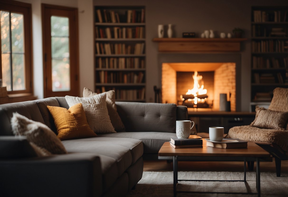 A warm, inviting living room with plush pillows on a comfortable sofa, a soft throw blanket, and a warm, glowing fireplace. A bookshelf filled with books and decorative items adds a cozy touch