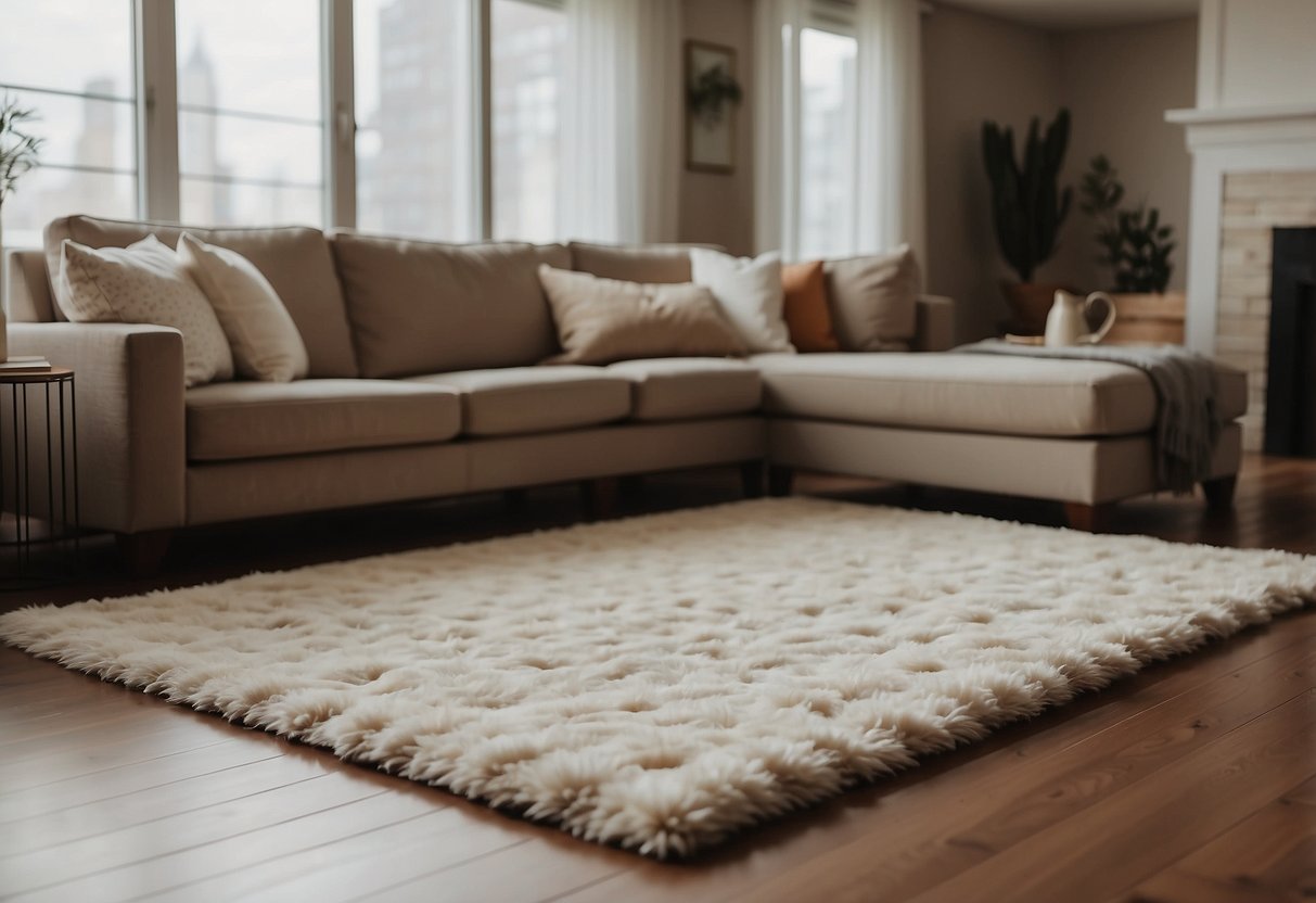 A plush area rug lies in the center of a cozy living room, surrounded by comfortable seating and warm lighting