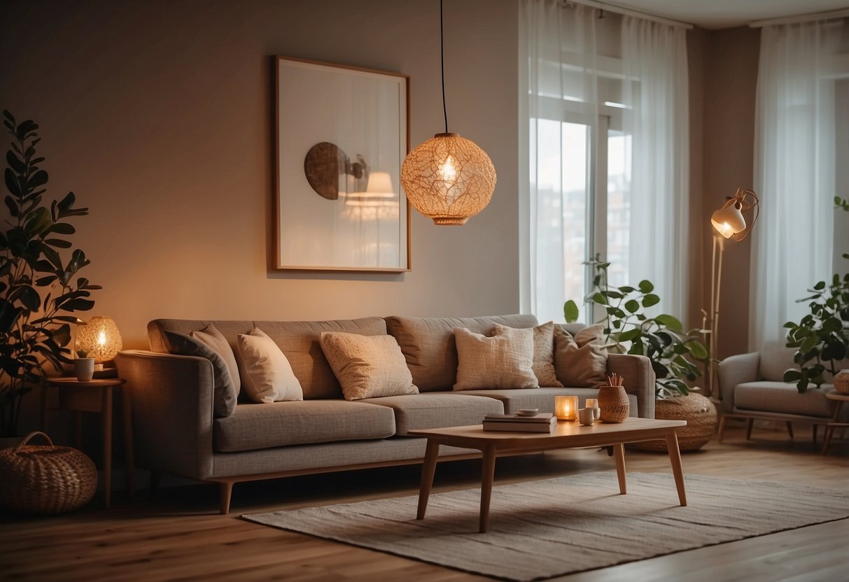 A cozy living room with a vintage floor lamp casting a warm glow, surrounded by comfortable seating and soft, textured decor