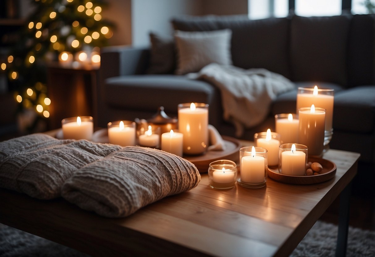 A cozy living room with soft, ambient lighting from scented candles. Plush pillows and warm blankets add to the inviting atmosphere