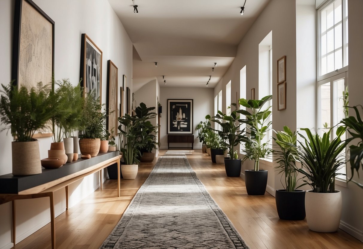 A long hallway with a gallery wall of framed artwork, a statement rug, and a row of potted plants on a sleek console table