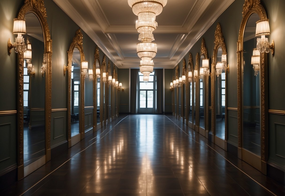 A long hallway lined with ornate vintage mirrors, reflecting light and creating a sense of depth and elegance