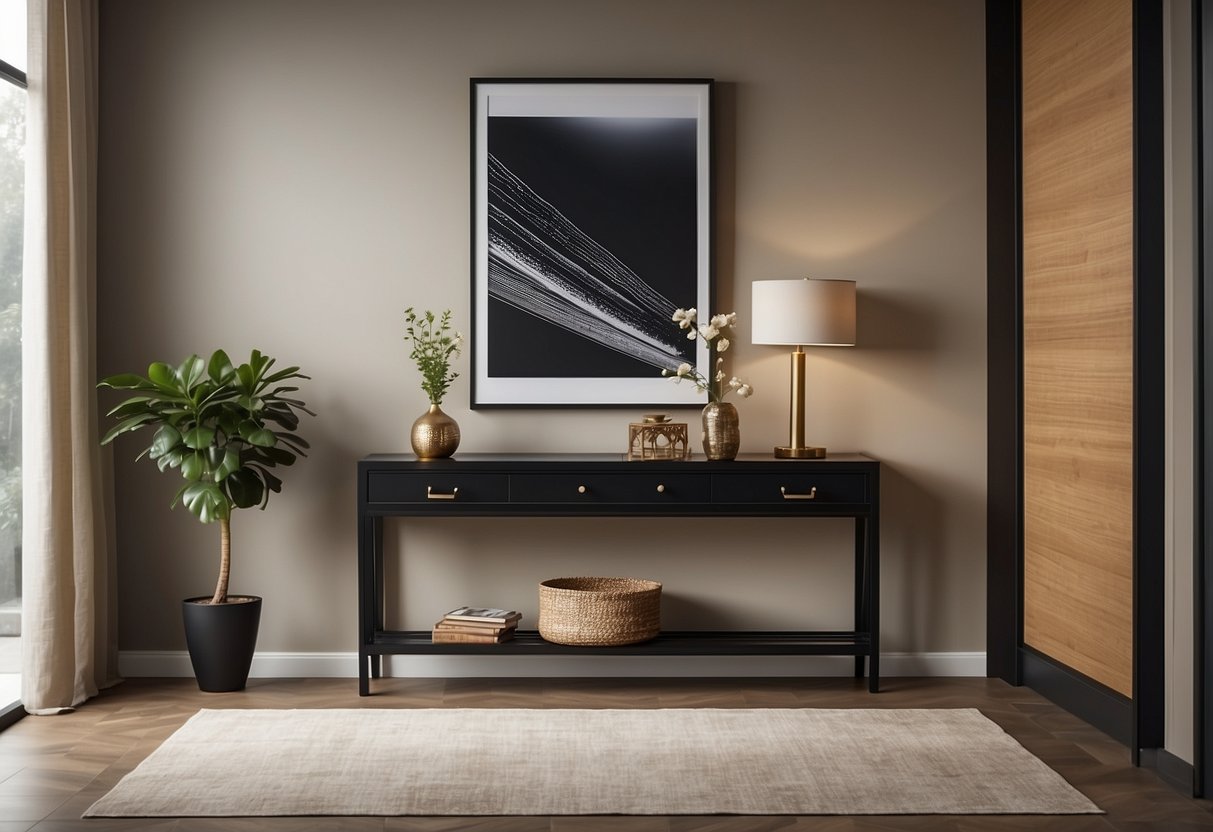 A sleek console table with built-in storage sits against a long hallway wall, adorned with decorative items and framed art