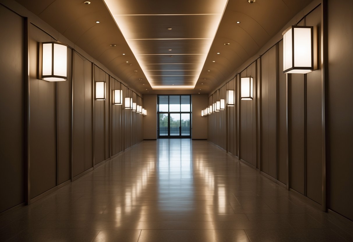 A long hallway with sleek, modern geometric light fixtures hanging evenly spaced along the ceiling, casting a warm and inviting glow throughout the space