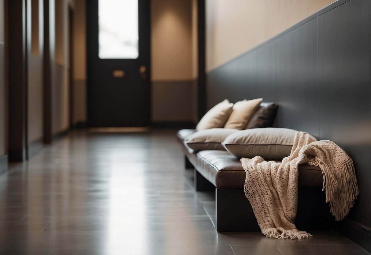 A narrow bench with plush cushions sits against a long hallway wall, adorned with decorative pillows and a cozy throw blanket