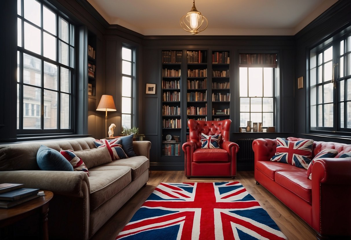 A cozy living room with a Union Jack rug, Big Ben wall art, and red telephone booth bookshelf