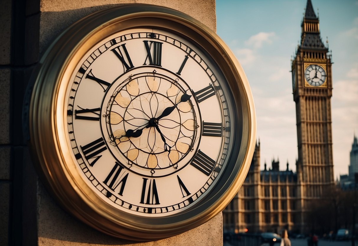 A close-up of a vintage-style wall clock with the iconic Big Ben design, set against a backdrop of London-inspired home decor