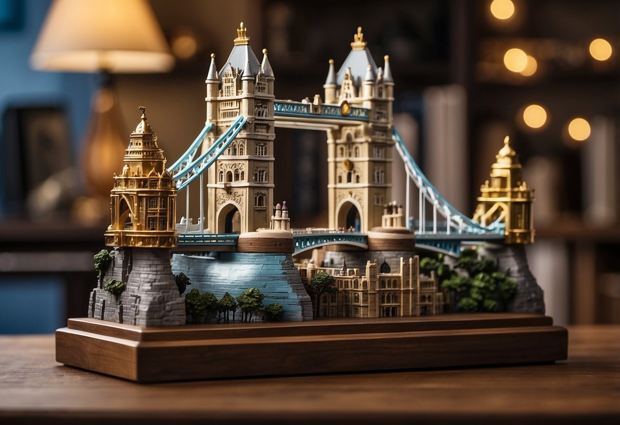 Tower Bridge bookends stand on a wooden shelf, surrounded by London-themed decor. The iconic bridge is depicted in detailed metalwork, adding a touch of elegance to the room