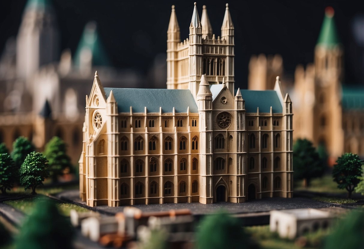 A detailed model of Westminster Abbey surrounded by London-inspired home decor items