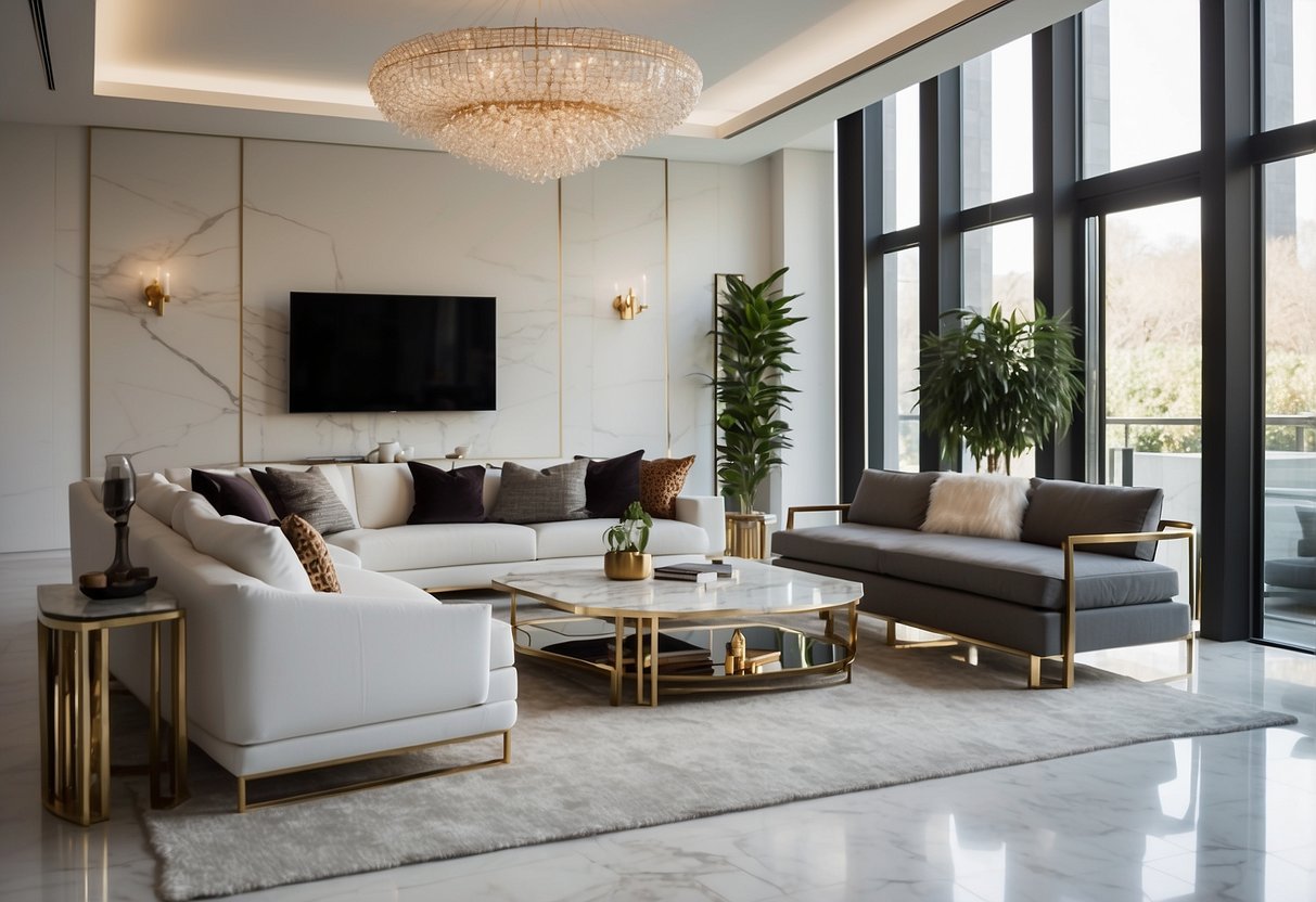 A sleek, minimalist living room with high-end furniture, metallic accents, and statement lighting. White walls and marble floors create a luxurious atmosphere