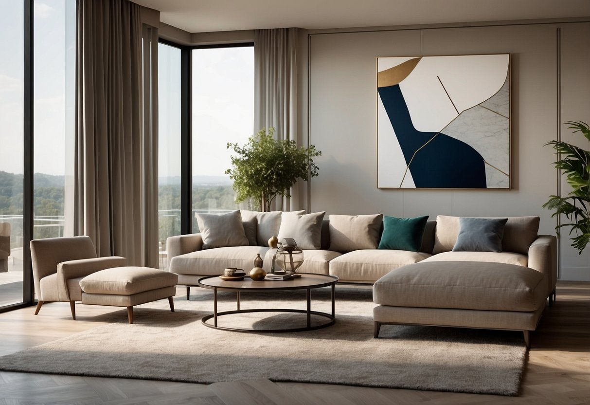 A sleek, minimalist living room with abstract artwork, plush furniture, and metallic accents. Large windows let in natural light, highlighting the modern decor