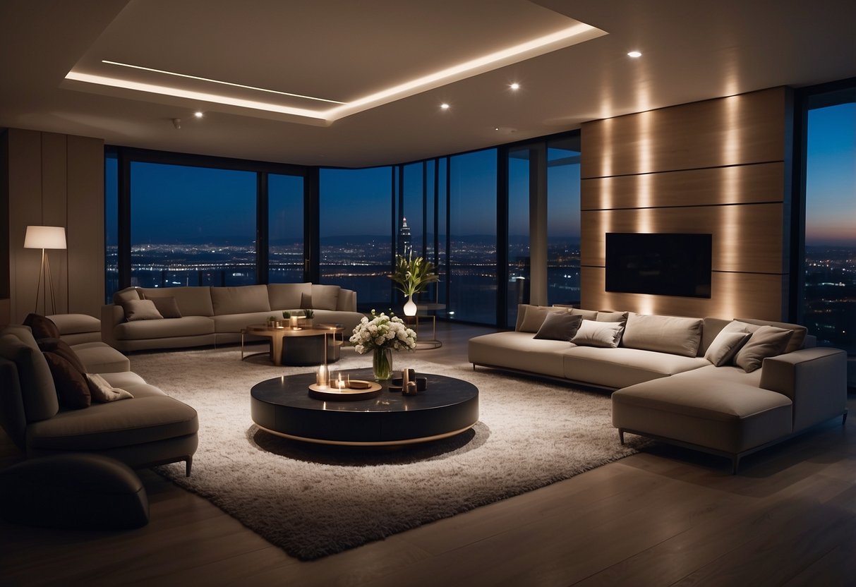 A sleek, modern living room with smart home gadgets seamlessly integrated into the decor. Voice-controlled lighting, automated blinds, and a futuristic entertainment system complete the luxurious ambiance