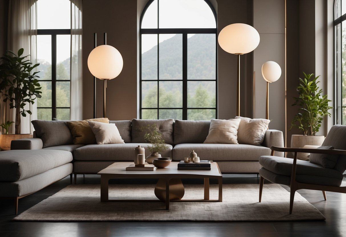 A spacious, minimalist living room with sleek, sculptural floor lamps casting a warm, ambient glow. The lamps are elegant and modern, adding a touch of luxury to the contemporary decor