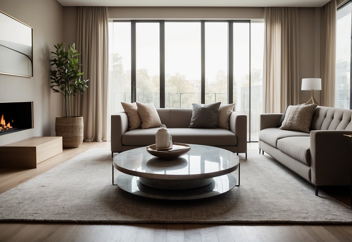 A sleek, minimalist living room with plush, neutral-toned furniture and metallic accents. Clean lines and geometric shapes create a sense of modern elegance