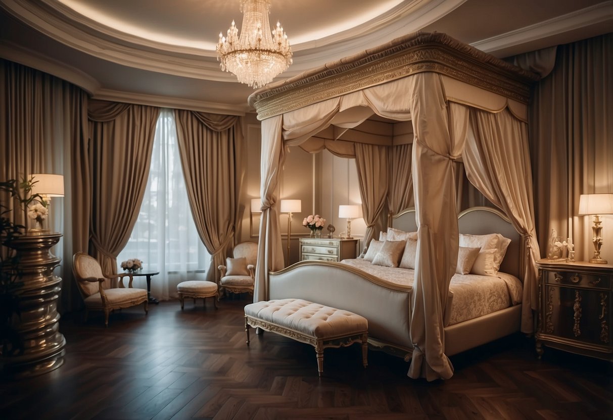 A grand canopy bed with plush bedding, elegant chandeliers, and ornate furniture create a luxurious bedroom ambiance