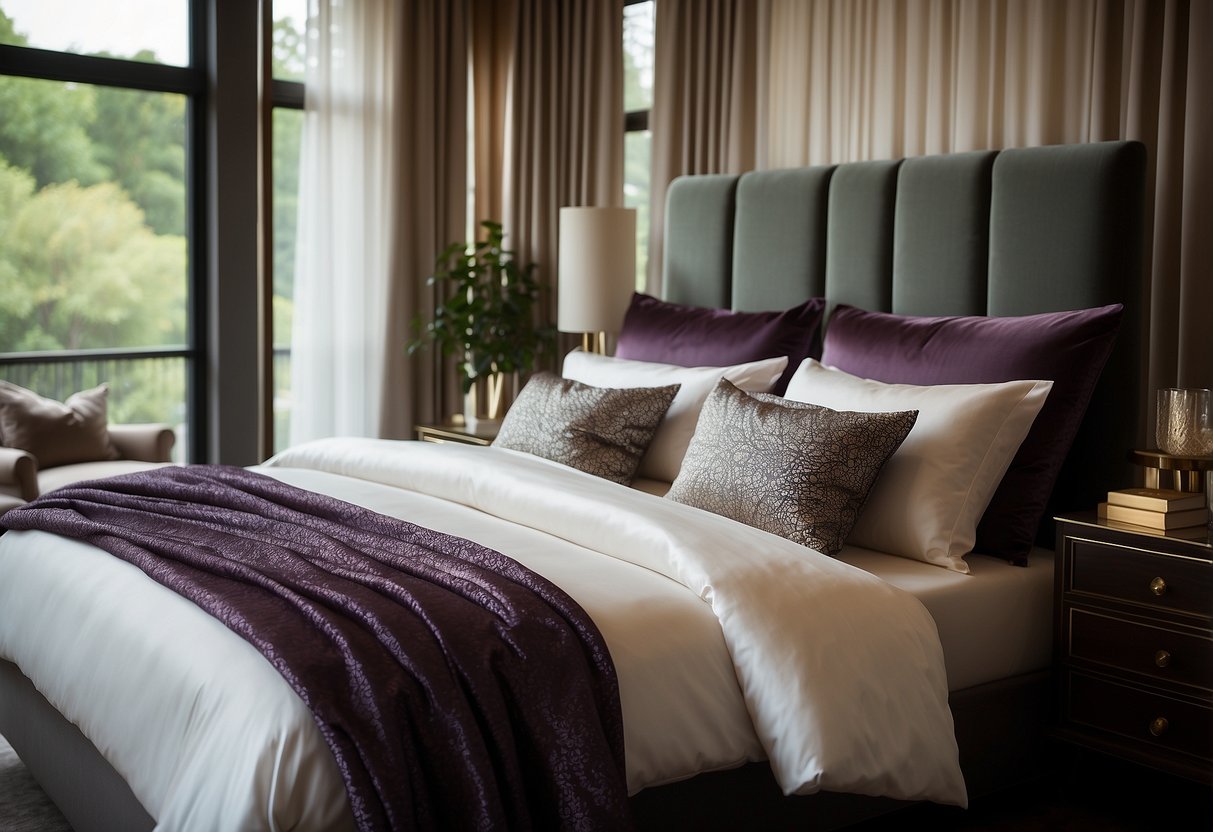 A bed with Mulberry Park Silks silk sheets, draped elegantly with pillows, in a luxurious bedroom setting