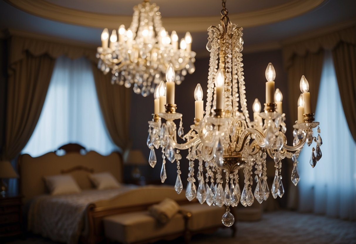 A grand crystal chandelier hangs above a luxurious bedroom, casting shimmering light on opulent decor