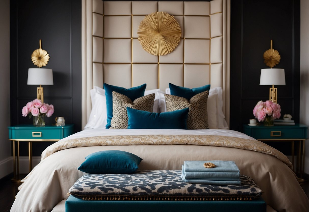 A plush bed with designer throw pillows by Jonathan Adler, adding a touch of luxury to a stylish bedroom decor