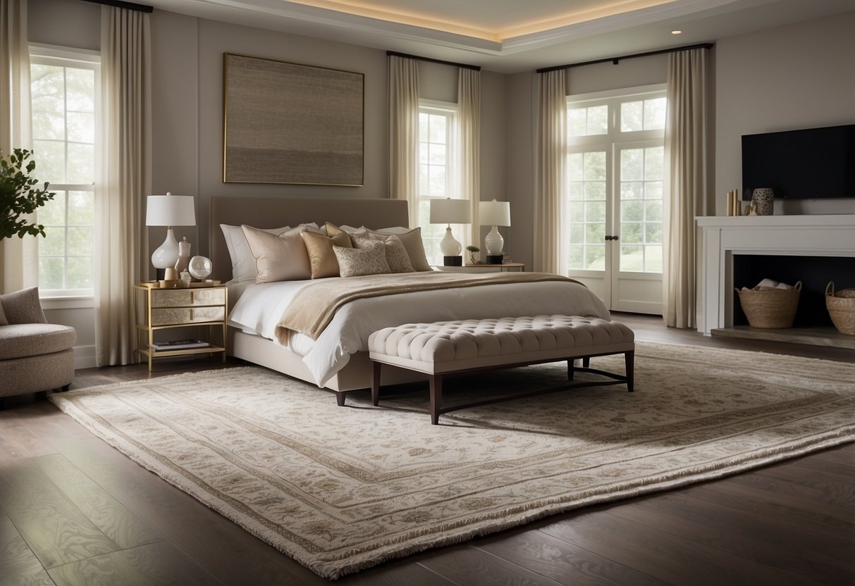 A luxurious bedroom with a Safavieh handwoven area rug as the centerpiece, adding warmth and elegance to the home decor