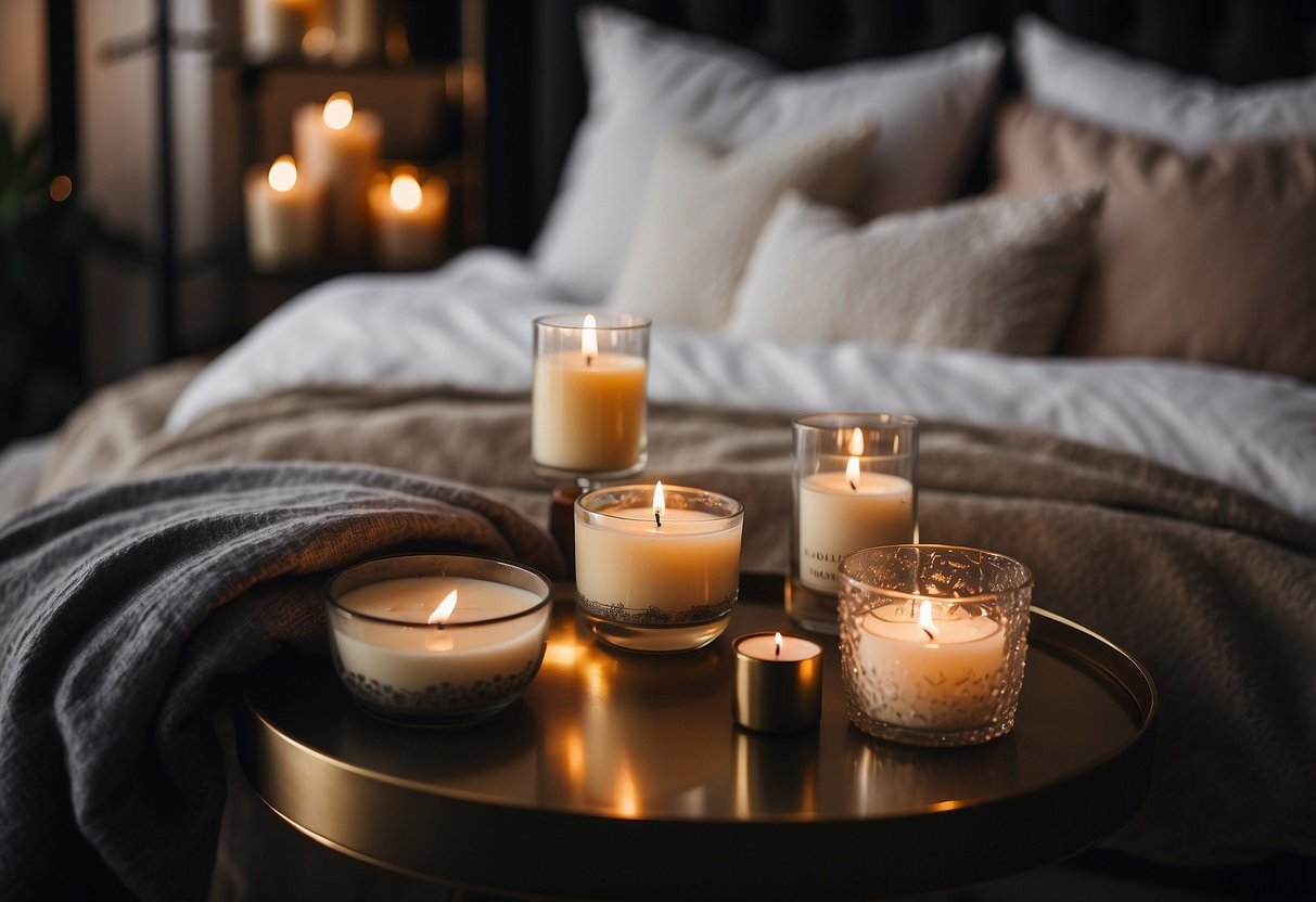 A cozy bedroom with elegant, scented candles by Jo Malone, adding a touch of luxury to the home decor