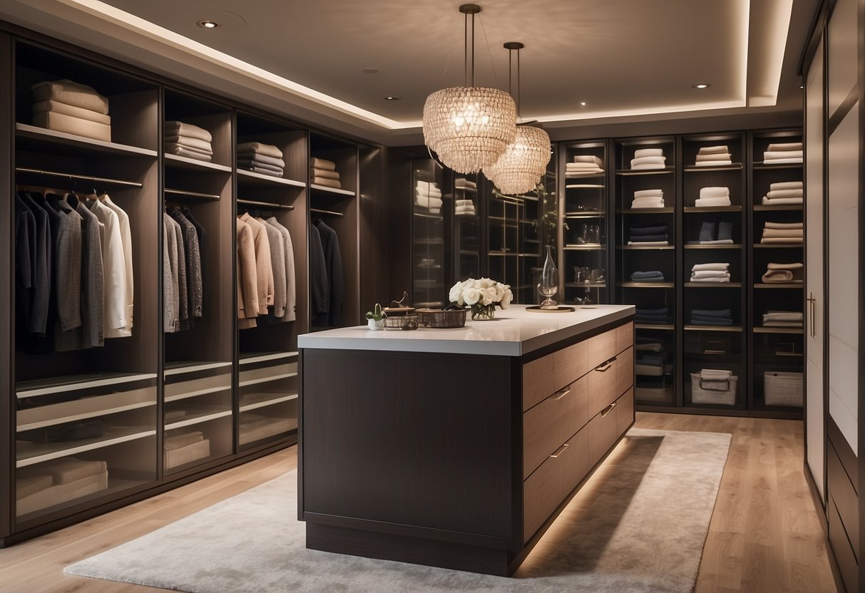 A spacious walk-in closet with custom shelving, drawers, and hanging space. Soft lighting and elegant decor create a luxurious atmosphere