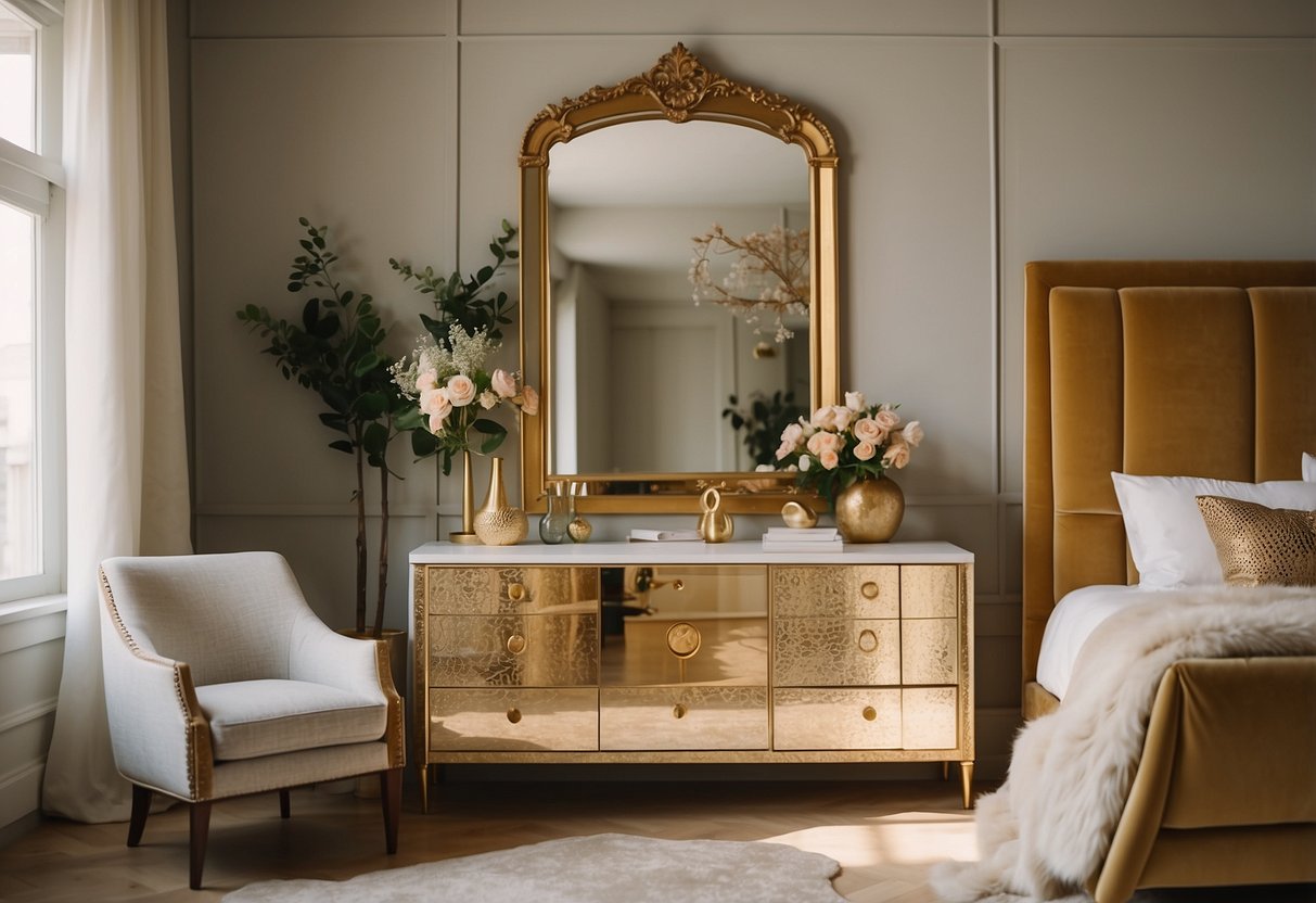 A luxurious bedroom with a gold accent mirror from Anthropologie, adding a touch of elegance to the home decor