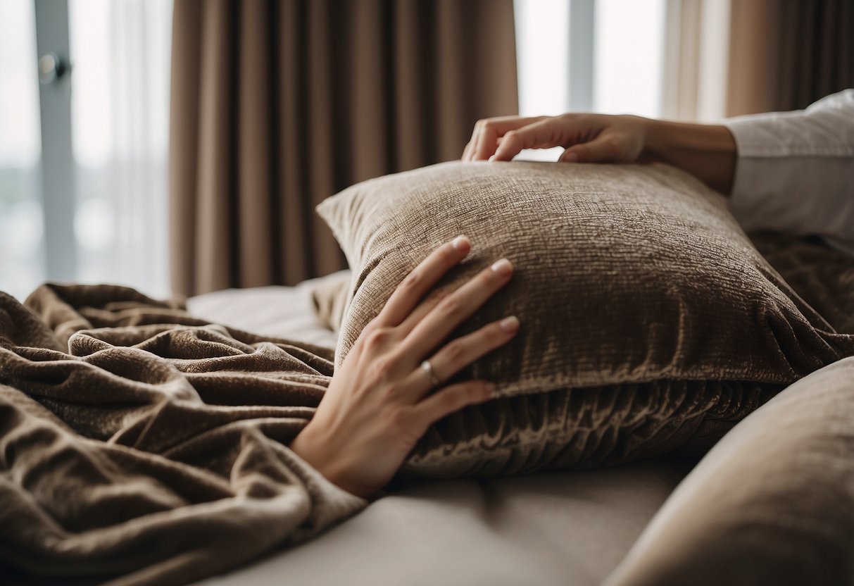 A hand reaches for a luxurious velvet pillow on a plush bed, surrounded by elegant silk curtains and a soft cashmere throw