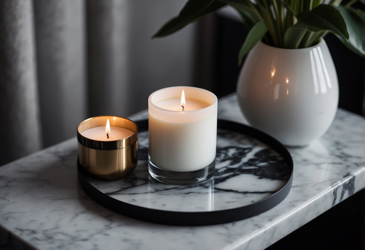 A sleek marble vase sits atop a modern side table, surrounded by geometric marble coasters and a marble tray holding scented candles