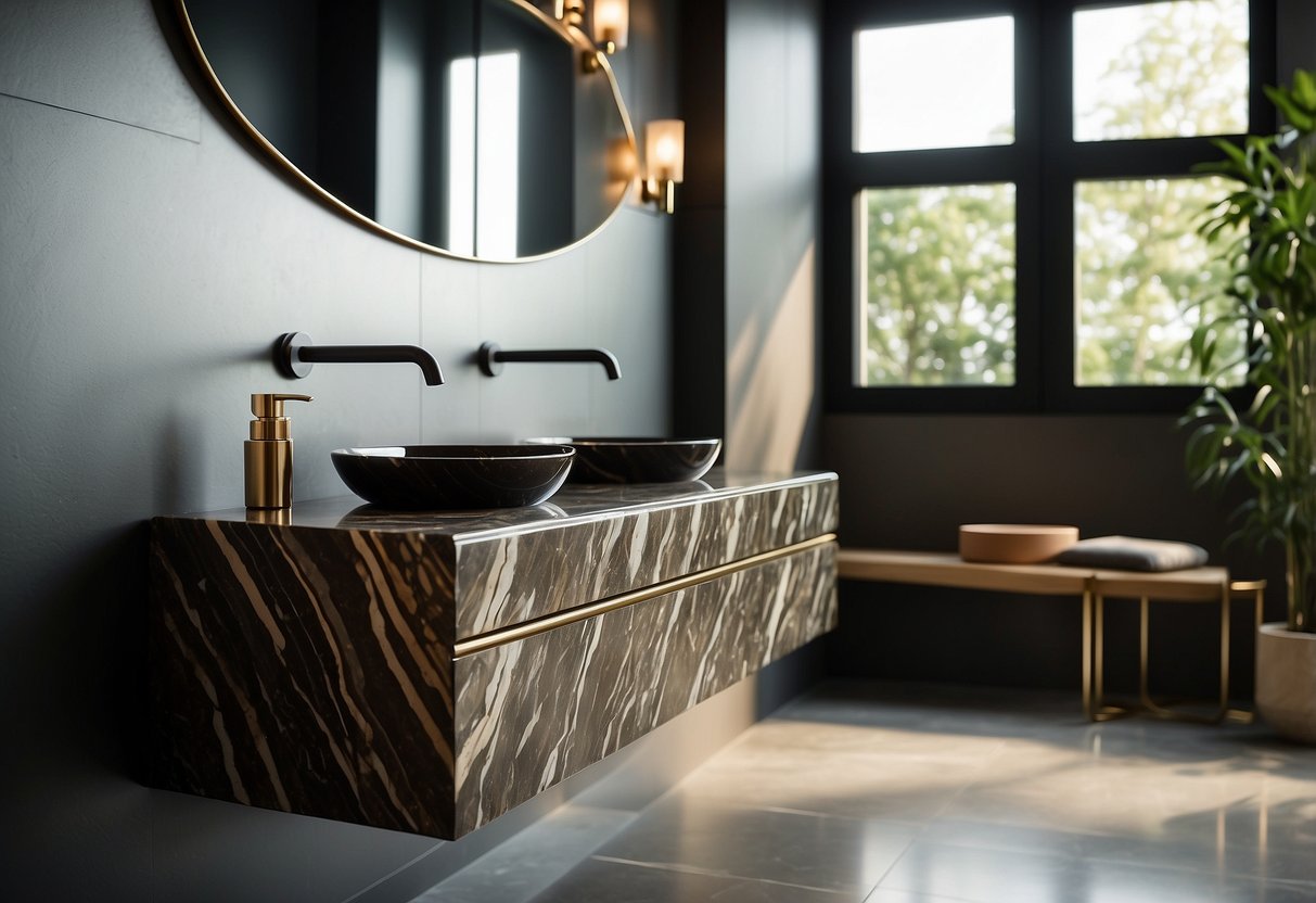 A sleek Emperador marble bathroom sink sits atop a modern vanity, surrounded by luxurious marble walls and elegant fixtures