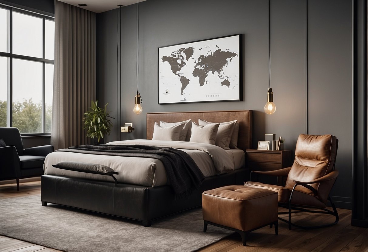 A sleek, modern bedroom with a dark wood bed frame, clean lines, and minimalistic decor. A leather armchair sits in the corner, next to a simple, industrial-style desk. A large, framed map hangs on the wall above the bed