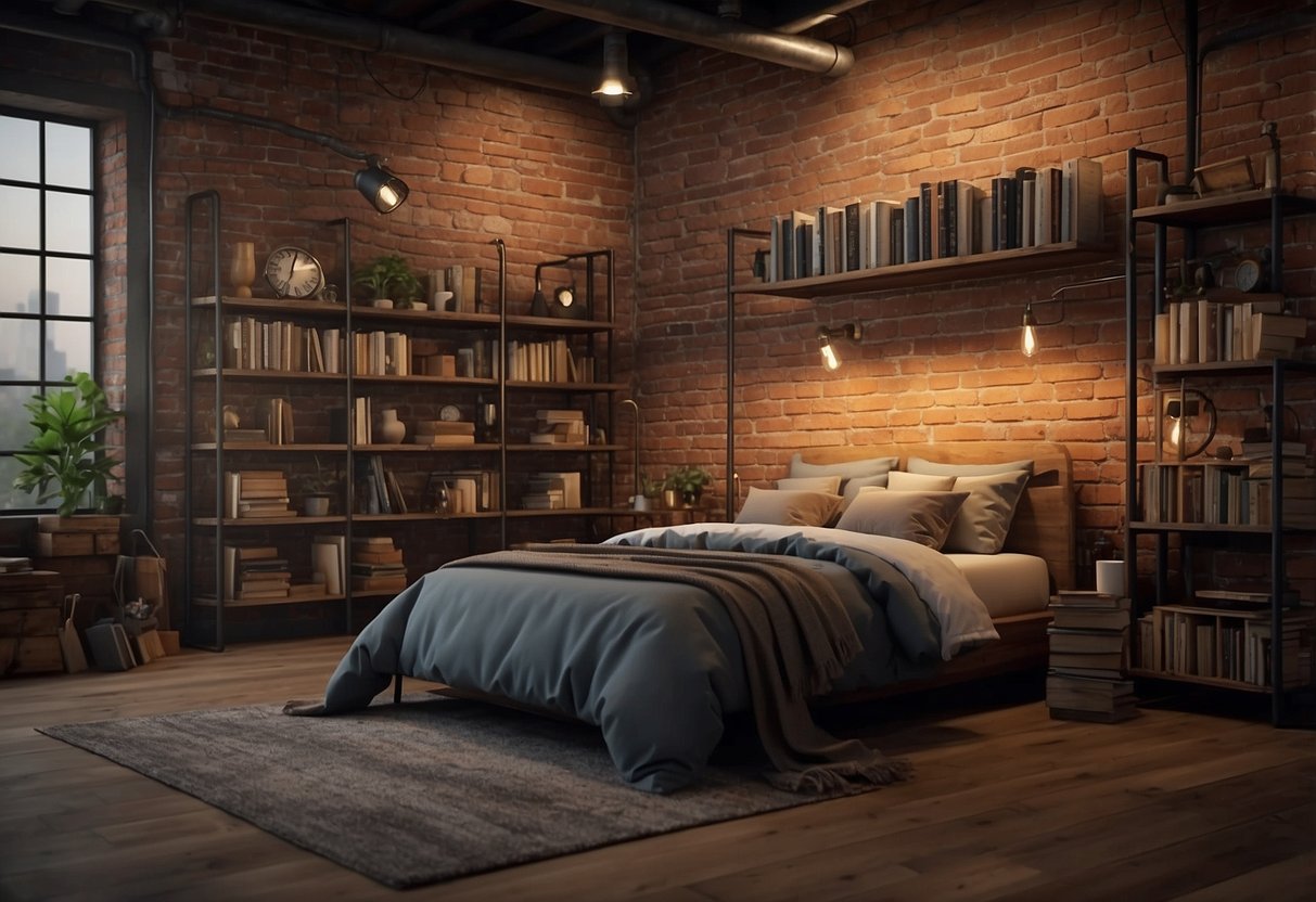 A rustic men's bedroom with industrial pipe shelves holding books and decor, against a brick wall with warm lighting