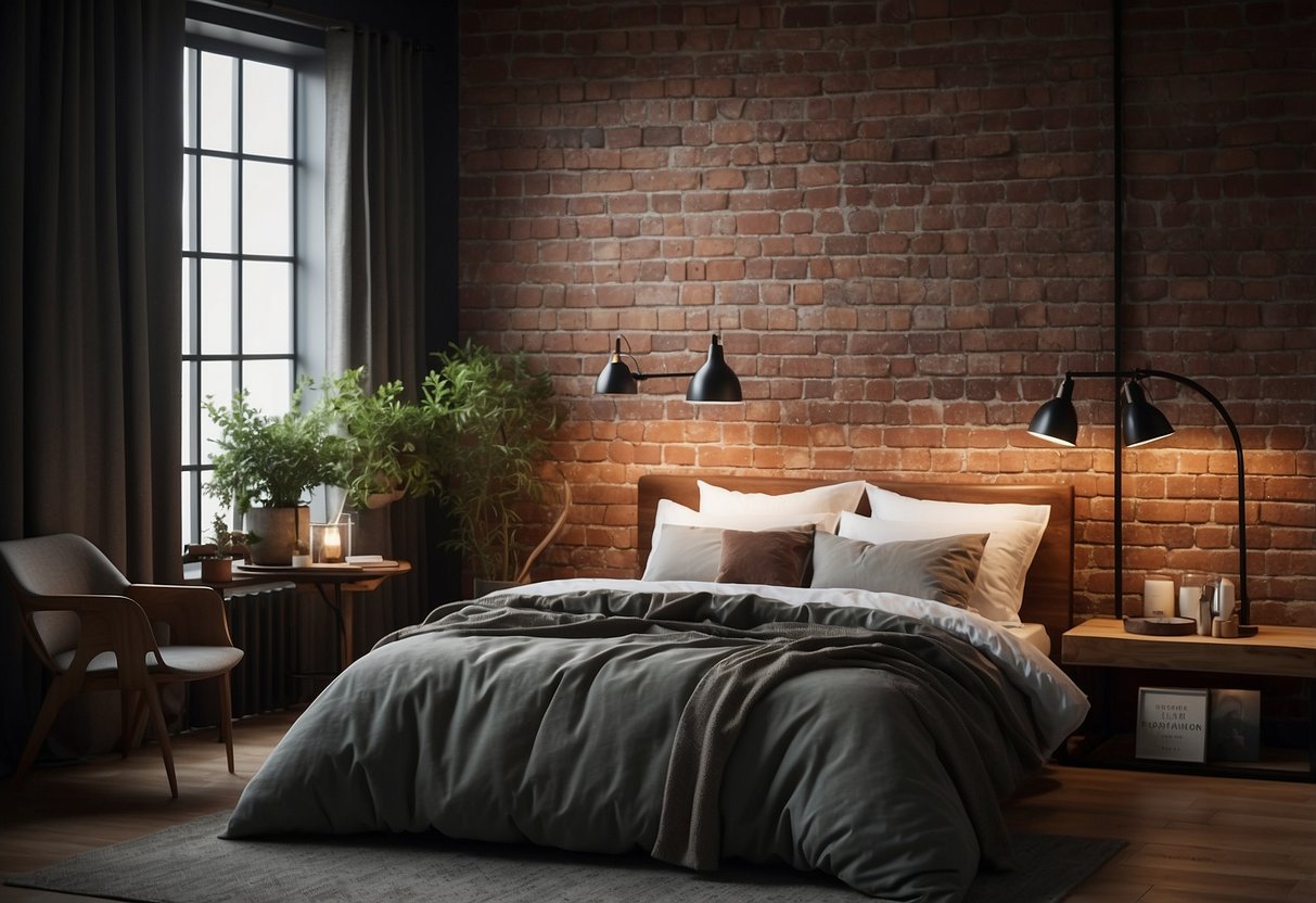 A men's bedroom with exposed brick wallpaper, minimal furniture, and industrial lighting