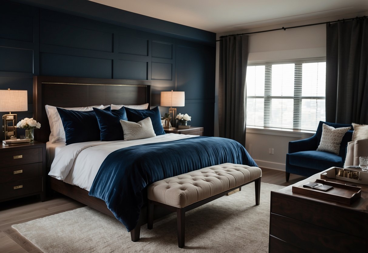 A modern men's bedroom with dark wood furniture, a neutral color palette, and a pop of luxury with deep blue velvet throw pillows