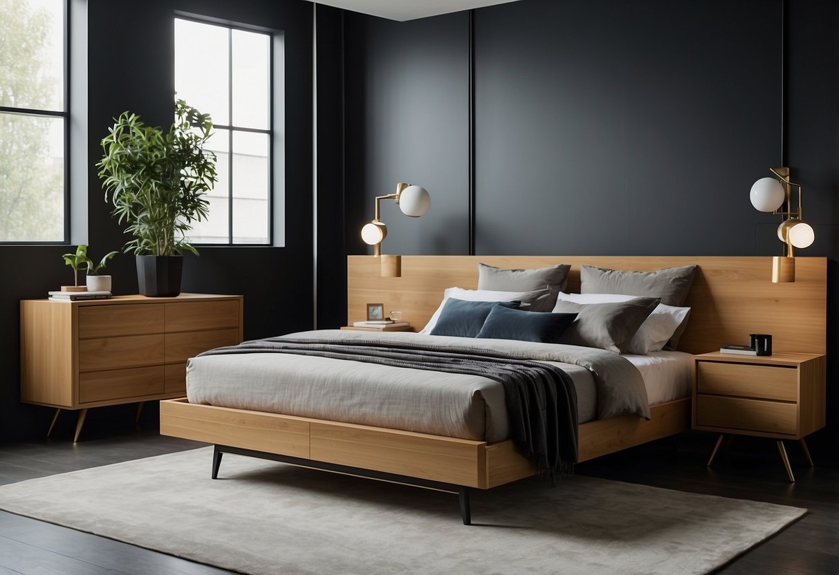 A man selects stylish and functional furniture for his bedroom: a sleek bed, modern nightstands, and a minimalist dresser