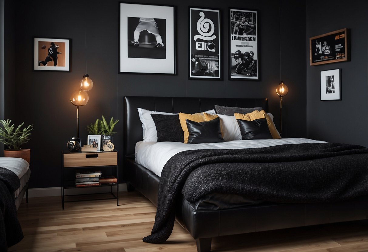 A modern men's bedroom with a sleek black bed, industrial-style bedside tables, and personalized decor such as framed sports memorabilia and vintage vinyl records displayed on the walls