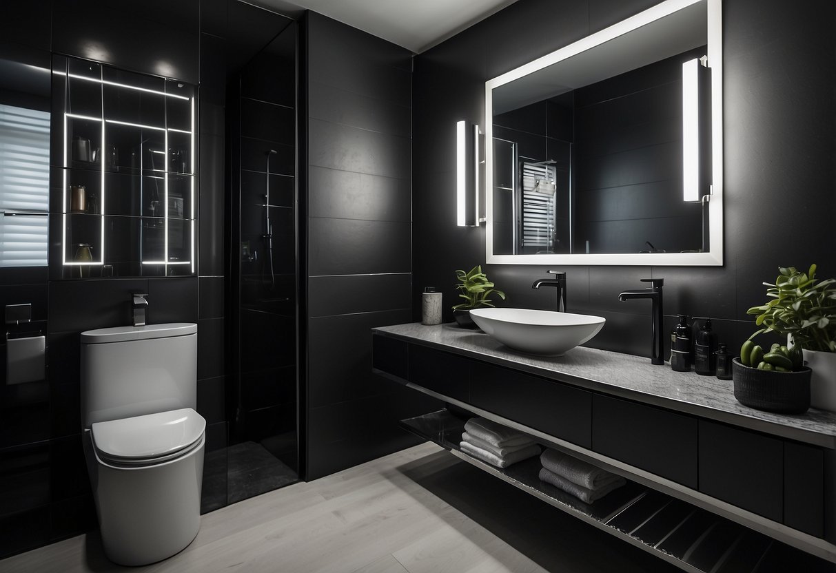 A sleek black and white color scheme with modern fixtures and masculine accents like leather and metal. A large mirror and industrial lighting add depth to the space