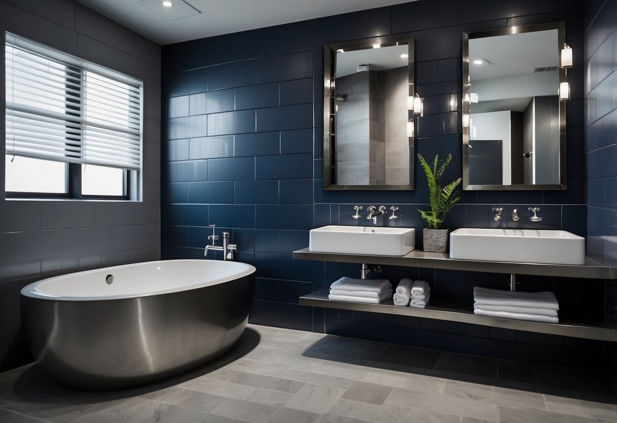 A sleek, modern men's bathroom with a color scheme of deep navy, charcoal gray, and accents of brushed metal. The theme is industrial with clean lines and minimalist decor