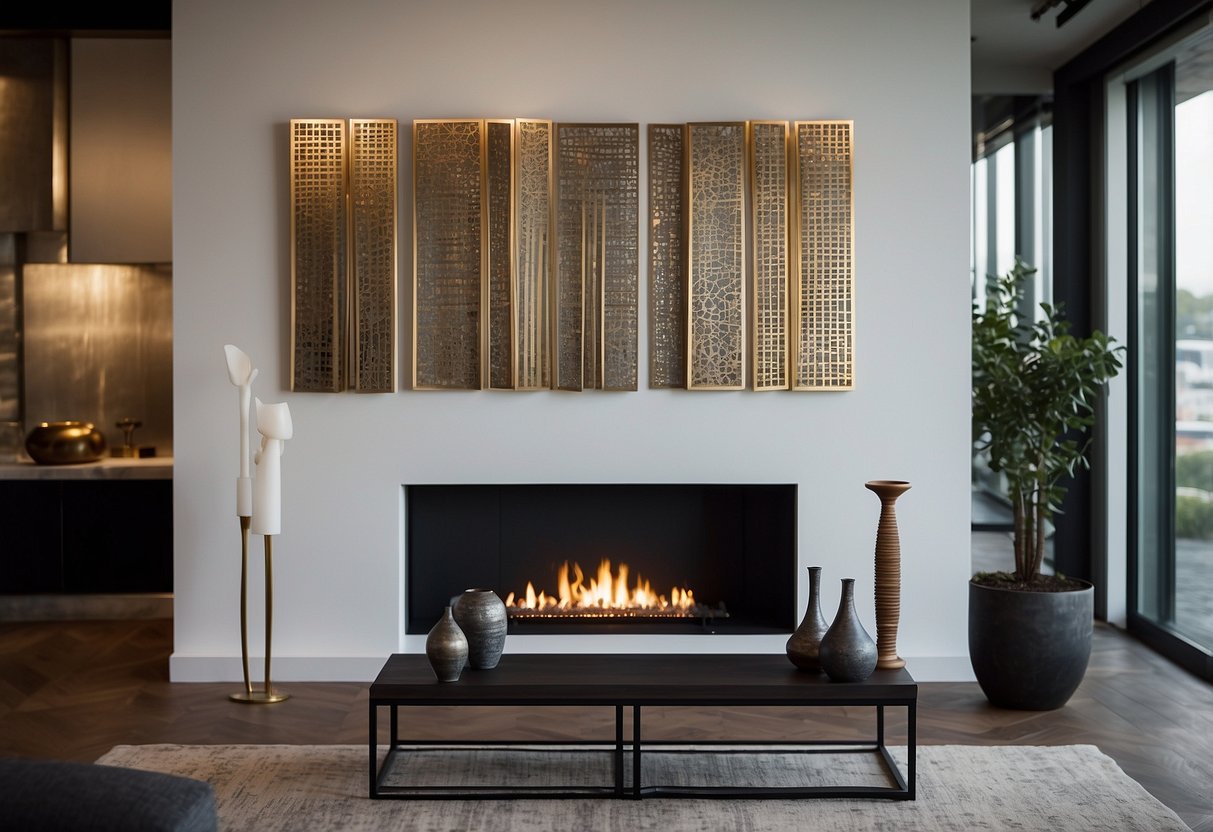 A metal wall art piece hangs above a sleek fireplace, complemented by metallic vases and sculptures on a modern shelf