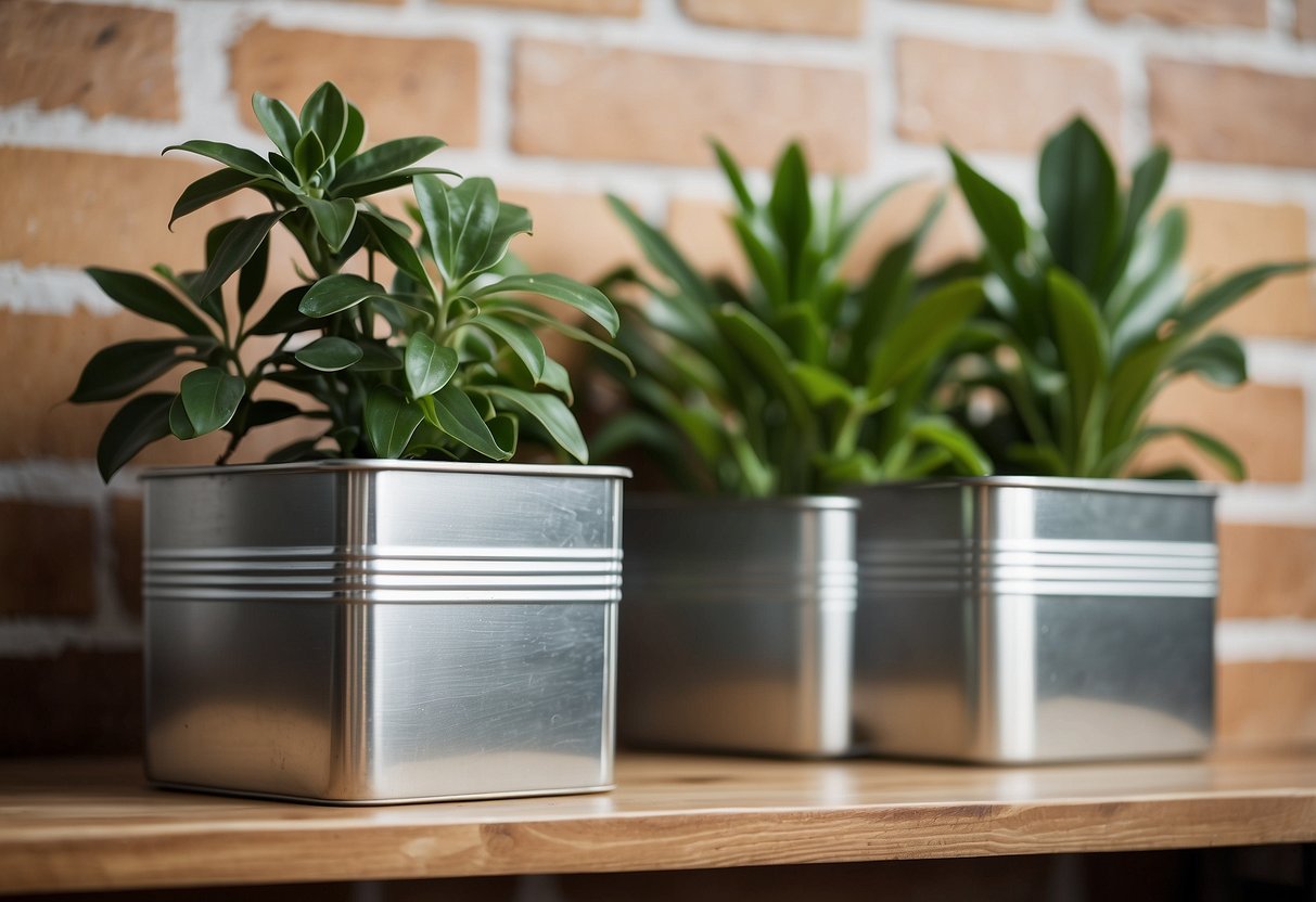 Three galvanized metal planters arranged on a wooden shelf against a white brick wall, with green plants spilling over the edges