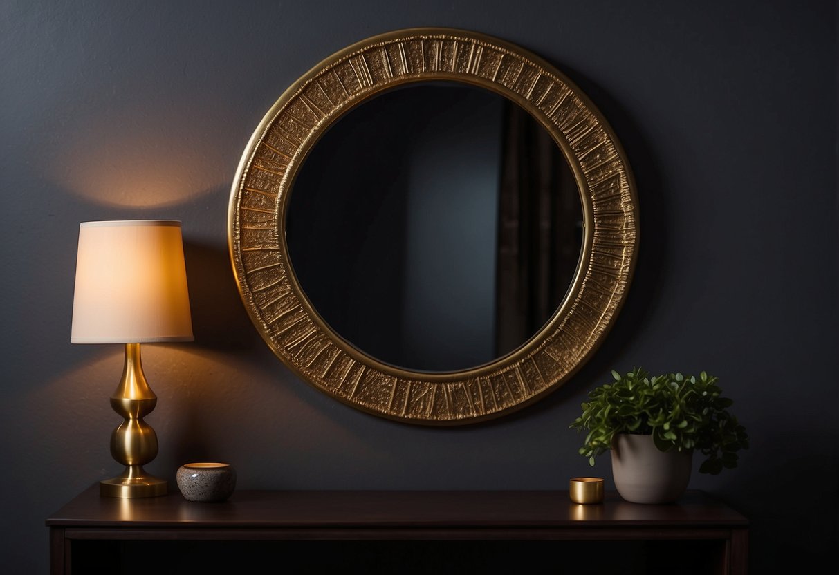 A brass accent mirror hangs on a dark wall, reflecting the warm glow of a nearby lamp