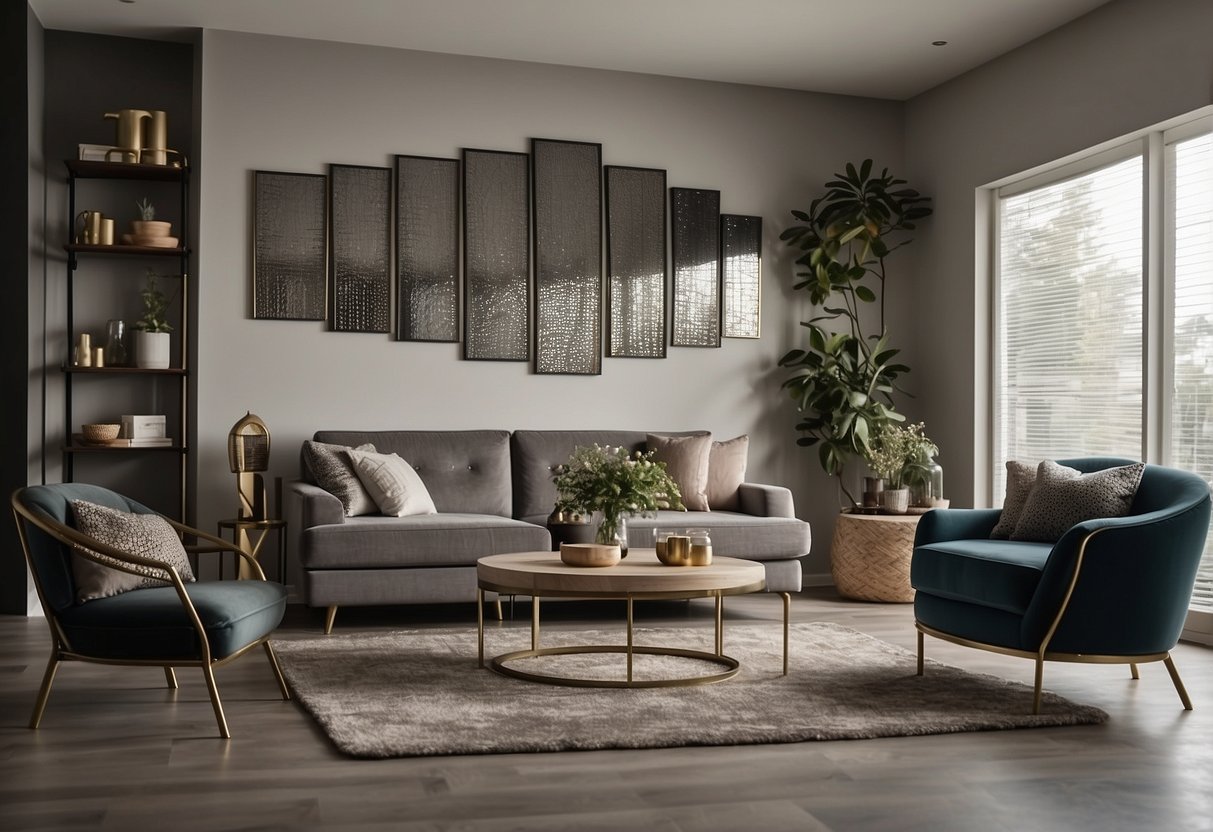 A living room with a metal wall art piece, a bedroom with metal-framed mirrors, and a kitchen with metal utensil holders and decorative metal shelves