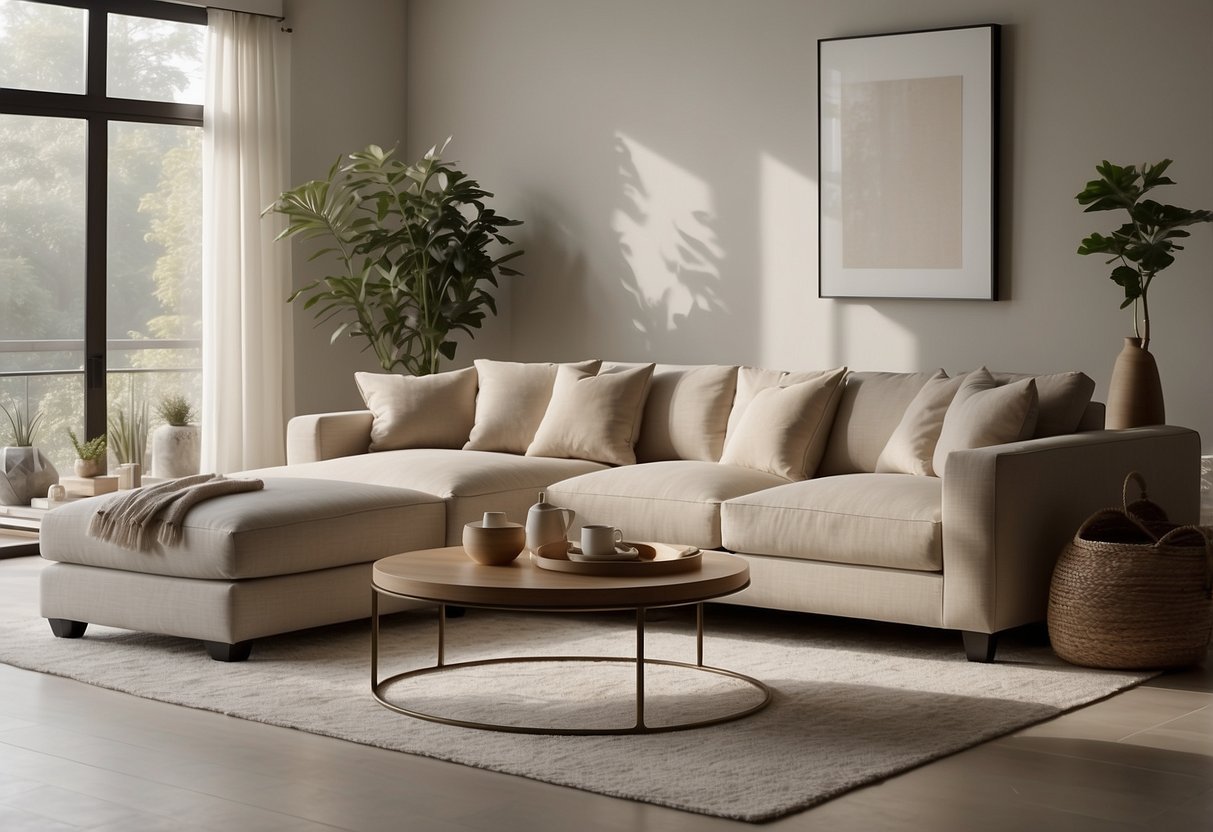 A serene living room with neutral colors, clean lines, and minimal furniture. A large, uncluttered space with natural light and simple, functional decor