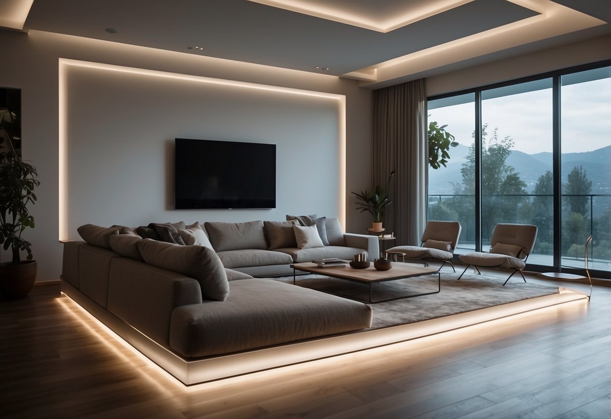 A minimalist living room with LED strip lighting accentuating clean lines and modern decor