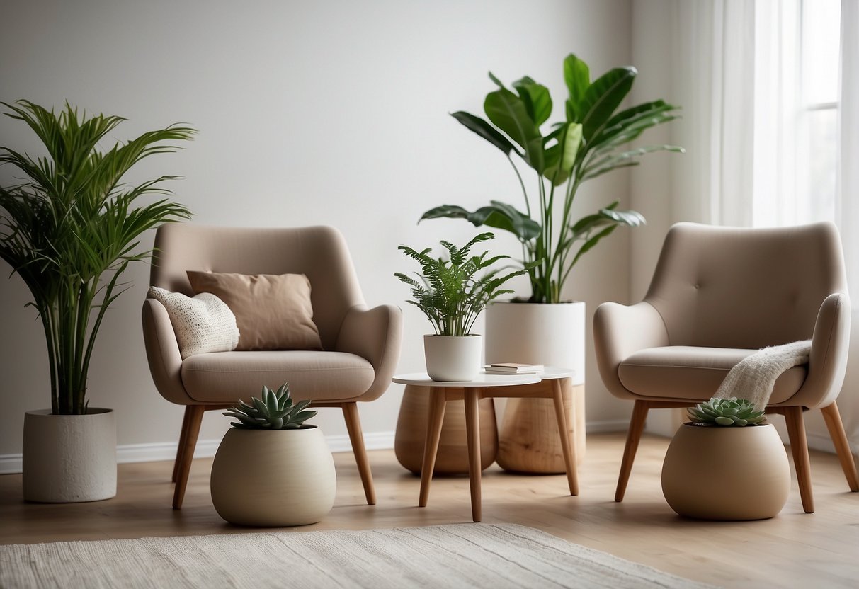 A minimalist living room with indoor plants in simple pots. Clean lines, natural light, and neutral colors create a serene and modern atmosphere