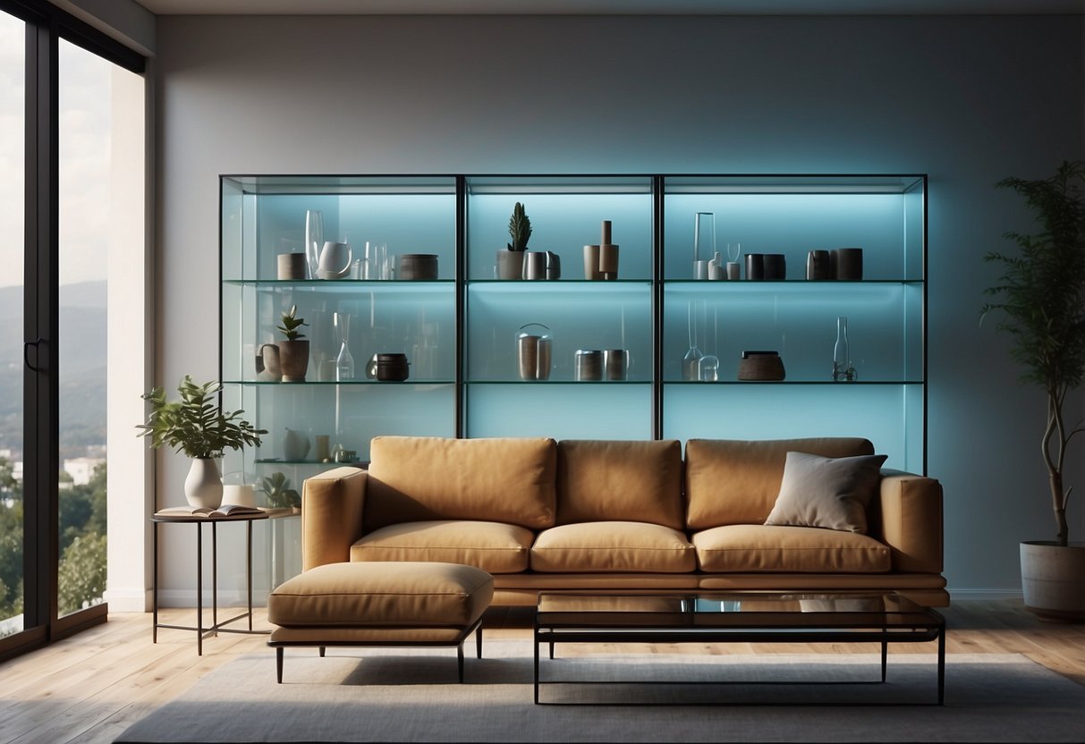 Sleek glass shelves hold artful decor in a minimalist living room