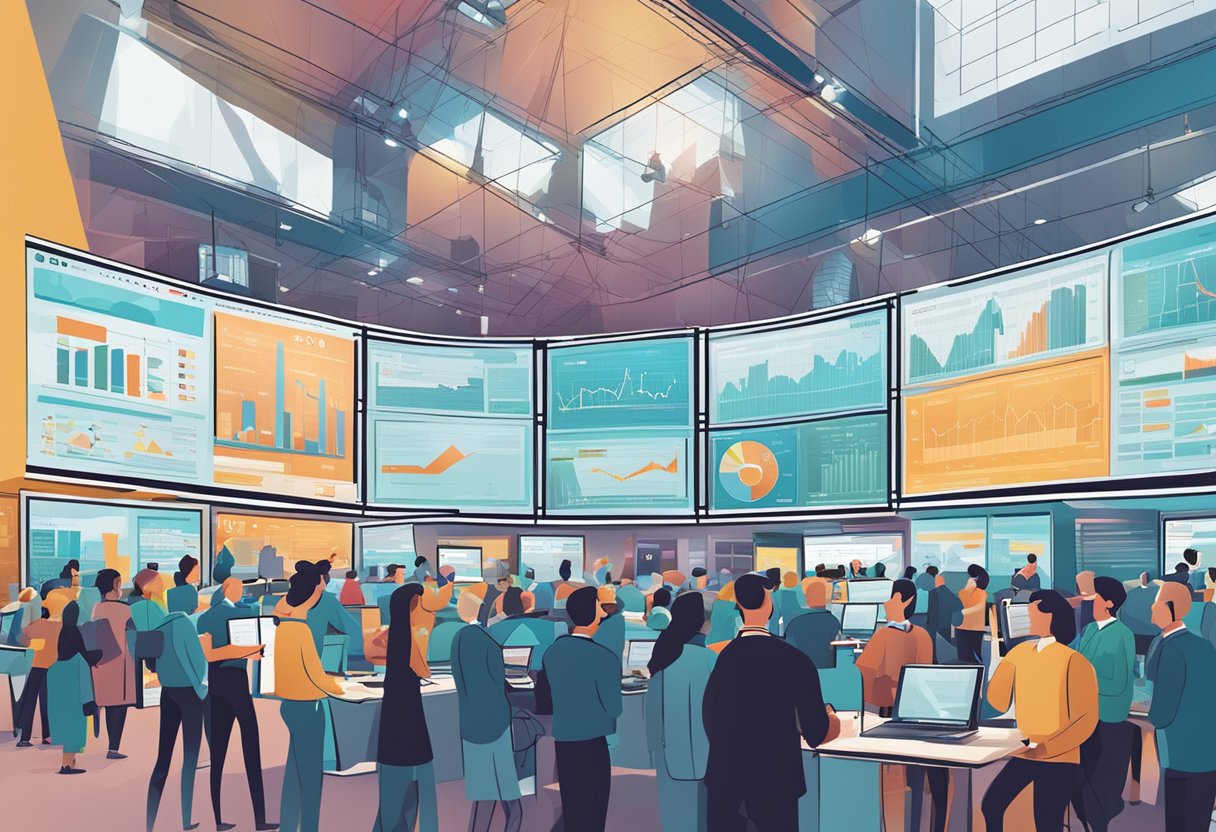 A bustling trade market with economic news displayed on screens and people engaged in lively discussions