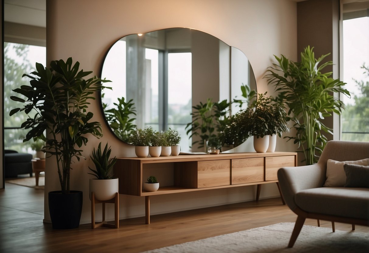 A wall mirror reflects a cozy living room with plants, warm lighting, and a minimalist design