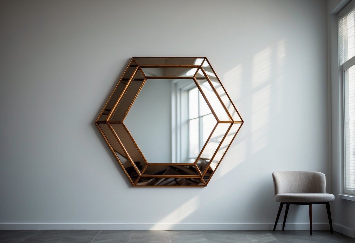 A hexagon mirror hangs on a white wall, reflecting the geometric patterns of the room